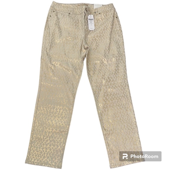 Chicos beige platinum denim ankle pants with metallic gold lattice design - Picture 12 of 16